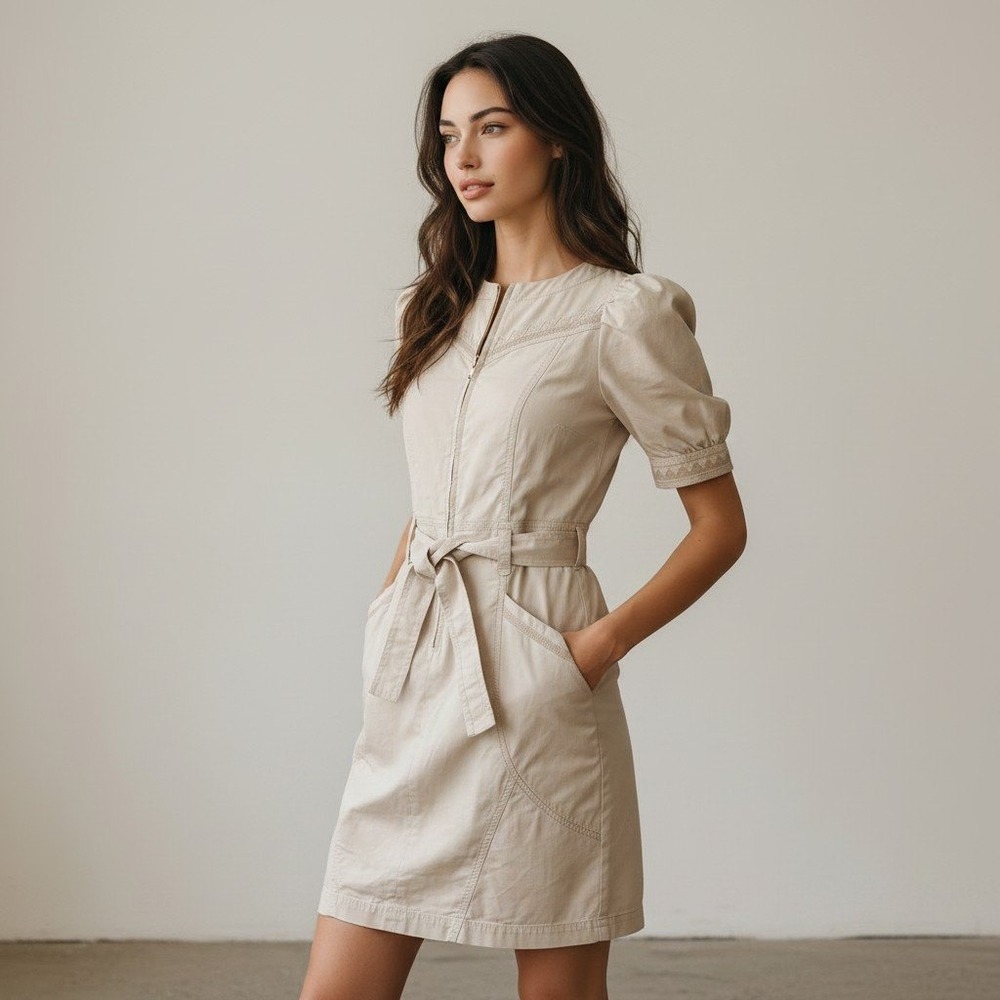 Anthropologie‎ Beige Cotton Utility Puff Sleeve Belted Mini Dress Size 2